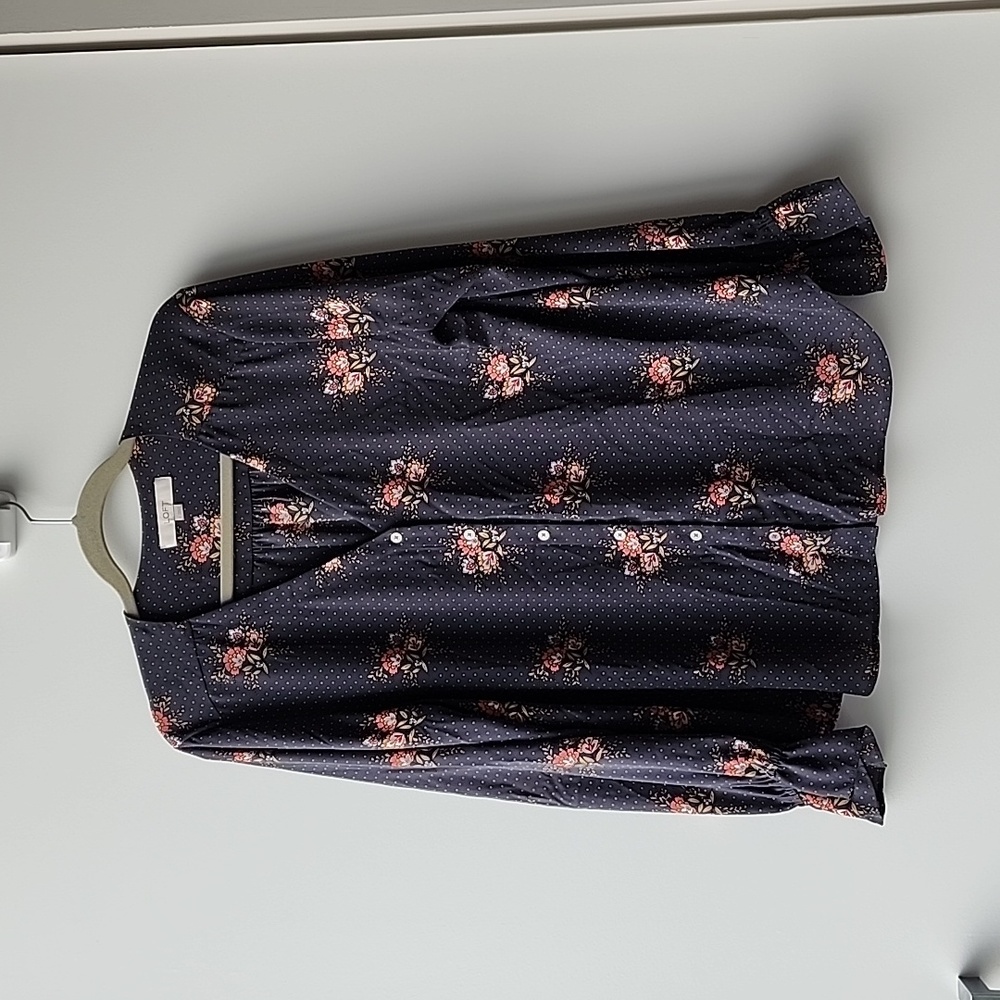 LOFT Cottagecore Lightweight Floral Polka Dot Button Up Flowy Blouse Top